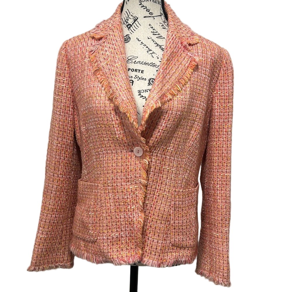 Zara Salmon Peach Pink Tweed Blazer 8 - Frayed Edge Single Button